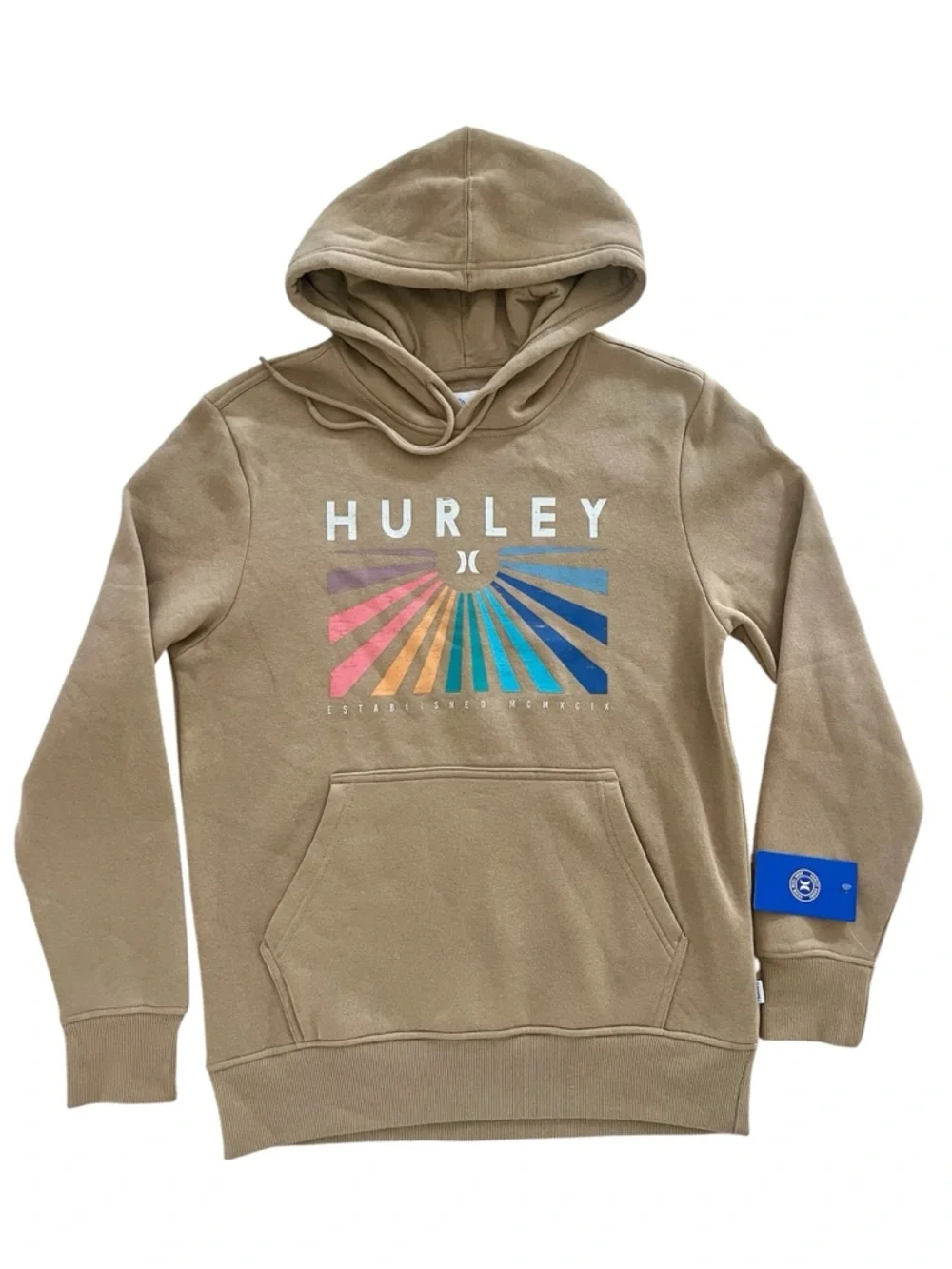 NWT Hurley Rainbow Graphic Fleece Pullover Hoodie Beige Tan Men’s Small Surf
